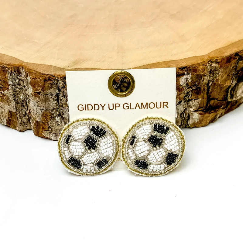 Round Diamond Earrings-Beaded Soccer Stud Earrings in Black and White