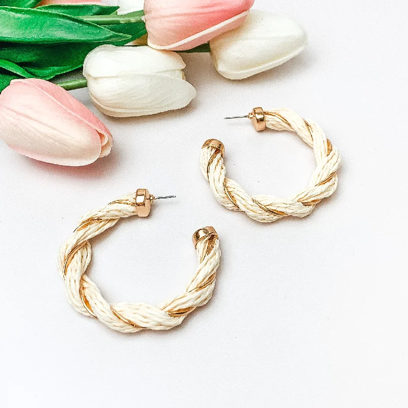 Crystal and Pearl Earrings-Paradise Dreaming Raffia Twisted Hoop Earrings with Gold Tone Detailing in Ivory