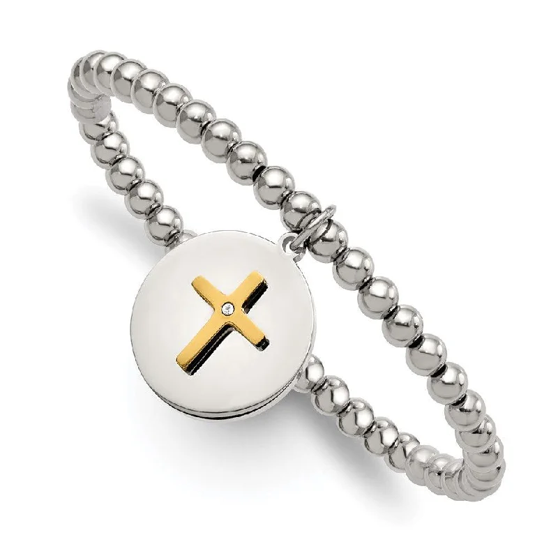 Custom Birthstone Charm Bracelet-Stainless Steel Polished Yellow IP Cross w/Crystal FAITH Stretch Bracelet