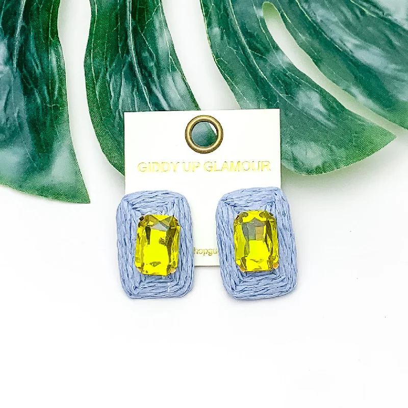 Luxury Diamond Earrings-Truly Tropical Raffia Rectangle Earrings in Periwinkle Blue With Yellow Crystal