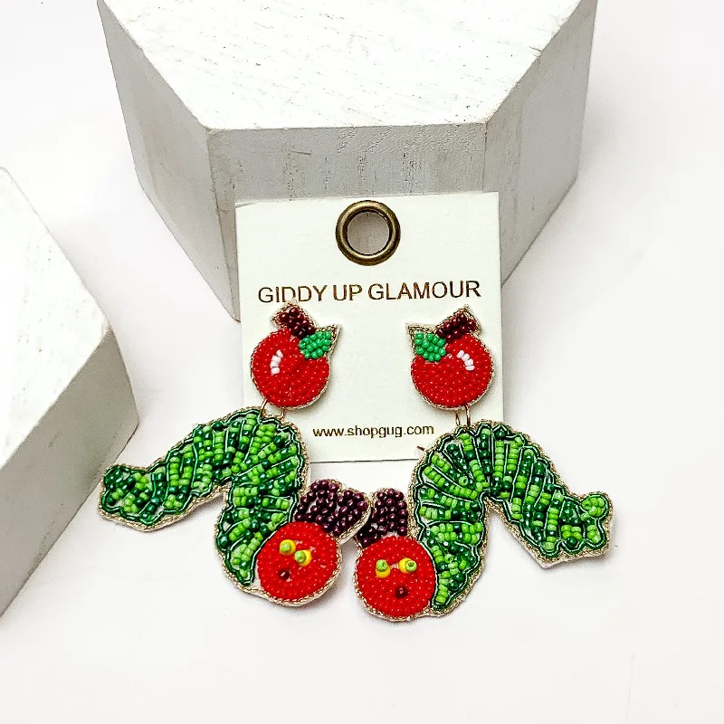 Chic Hoop Earrings-Caterpillar Beaded Earrings With Apple Posts in Green and Red