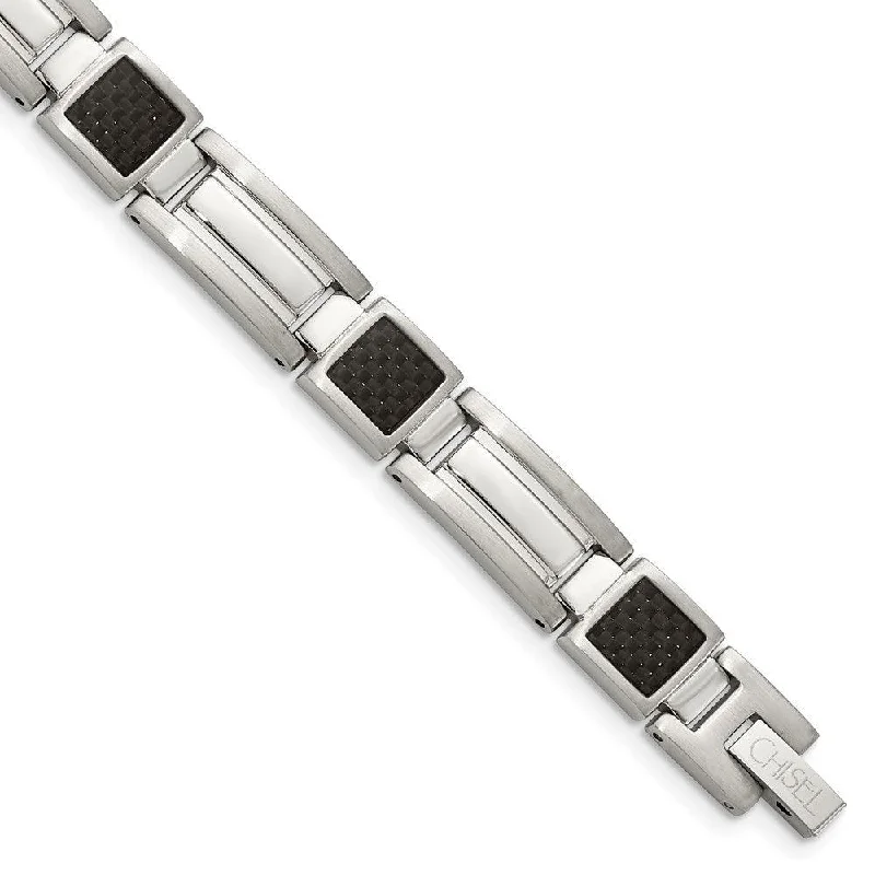 Men’s Classic Gold Bracelet-Stainless Steel Polished Black Carbon Fiber Inlay 8.75in Bracelet