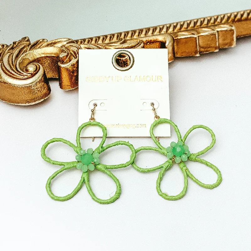 Ethnic Earrings for Women-Daisy Delight Raffia Wrapped Flower Earrings with Crystal Center in Pale Green