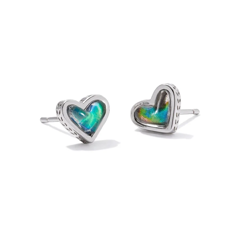 Fine Silver Earrings-Kendra Scott | Framed Ari Heart Silver Stud Earrings in Mood Stone