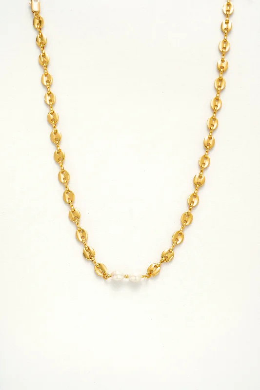 Gold Necklace with Amethyst-Dual Pearl Chain Necklace