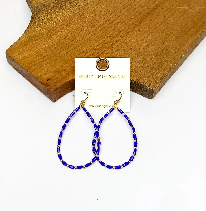 Charming Earrings for Women-Royal Blue Beaded Open Drop Earrings with Gold Tone Spacers