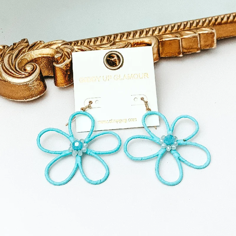 Crystal Drop Earrings-Daisy Delight Raffia Wrapped Flower Earrings with Crystal Center in Pale Turquoise