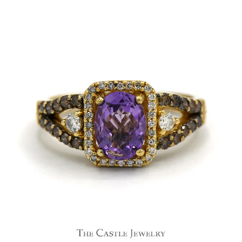 Vintage Silver Ring-Le Vian Oval Amethyst Designer Ring with Diamond Halo and Chocolate Diamond Sides in 14k Yellow Gold