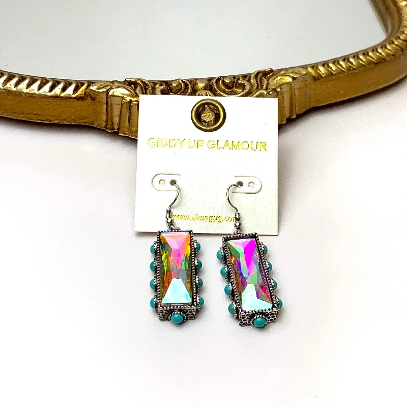 High-Quality Diamond Earrings-AB Crystal Bar Drop Earrings with Faux Turquoise Border Accents