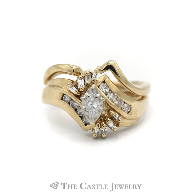 Designer Promise Ring-.50CTTW Marquise Cut Bypass Bridal Set with Diamond Accents in 14KT Yellow Gold