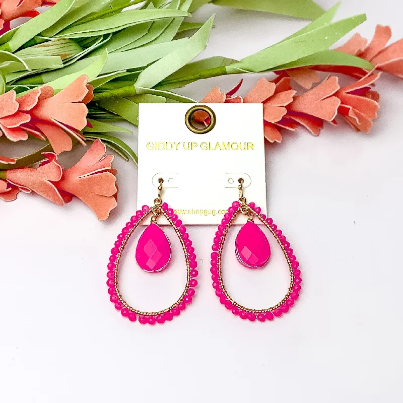 Diamond Hoop Earrings-Pink Stone Inside Open Beaded Teardrop Earrings with Gold Tone Outline