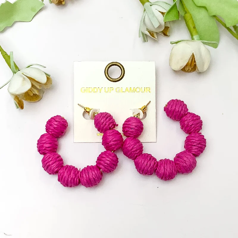 Simple Silver Earrings-Sorbet Summer Raffia Ball Hoop Earrings in Hot Pink