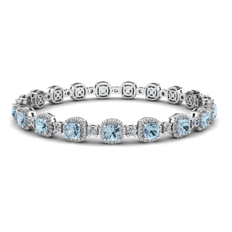 Luxury Silver Charm Bracelet-Cushion Shape 8.5 Carat Aquamarine Featuring Diamond Halo Bracelet BRHACCA