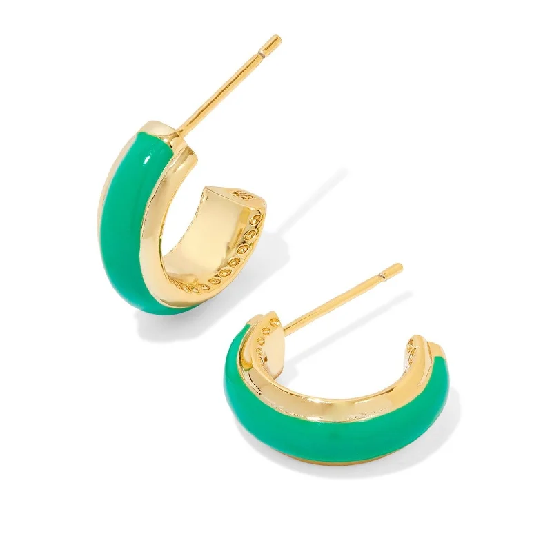 Colorful Earrings for Teens-Kendra Scott | Ainsley Gold Huggie Earrings in Green Enamel