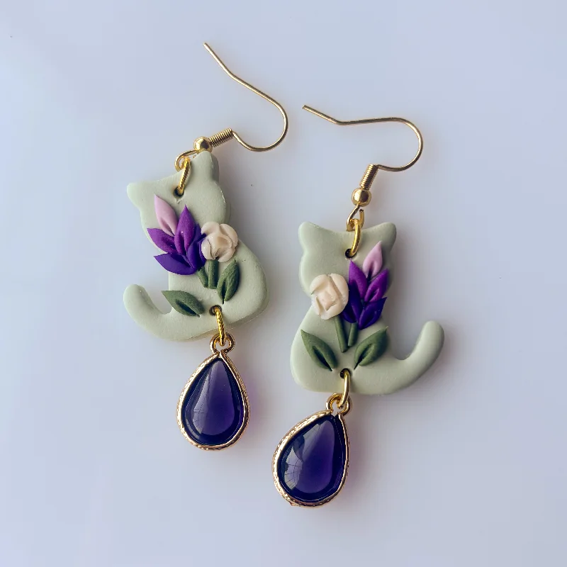 Artistic Earrings for Women-LAVENDER BOUQUET CAT EARRINGS