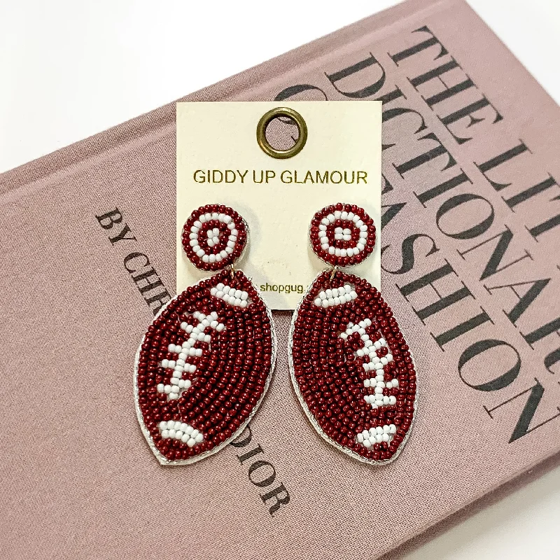 Unique Pearl Earrings-Beaded Football Earrings in Brown and White