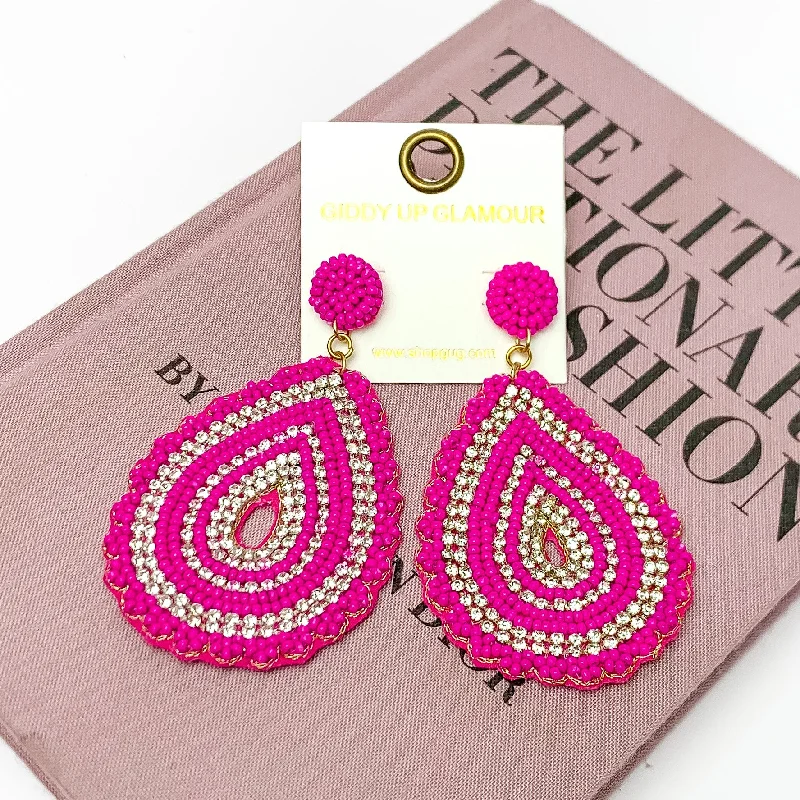 Diamond Dangle Earrings-Sound Wave Beaded Teardrop Earrings with Clear Crystals in Fuchsia