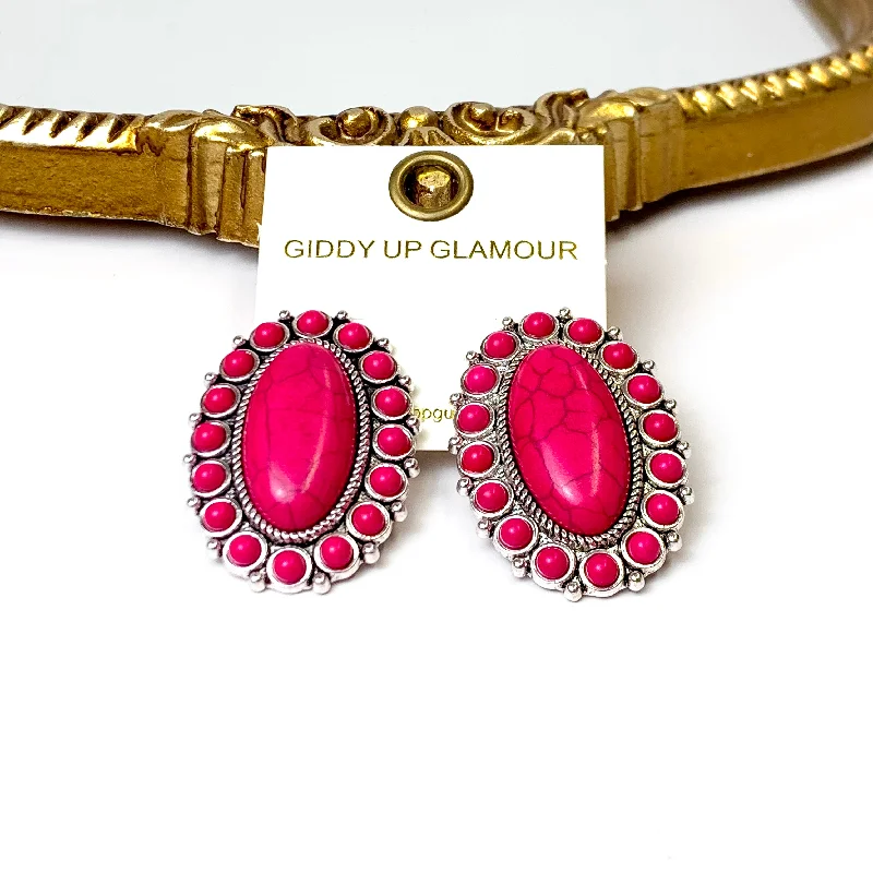 Elegant Earrings for Special Occasions-Silver Tone Fuchsia Pink Oval Faux Stone Cluster Earrings