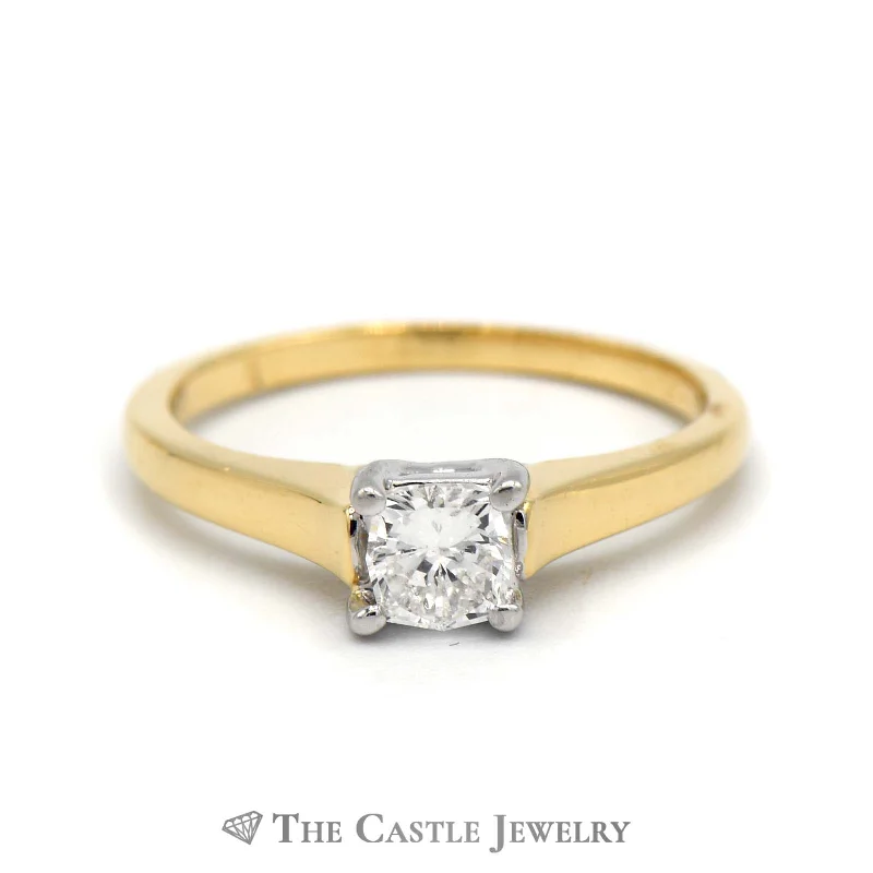 Dazzling Engagement Ring Set-Modern Princess Cut Diamond Solitaire in 18k Yellow Gold Cathedral Mounting