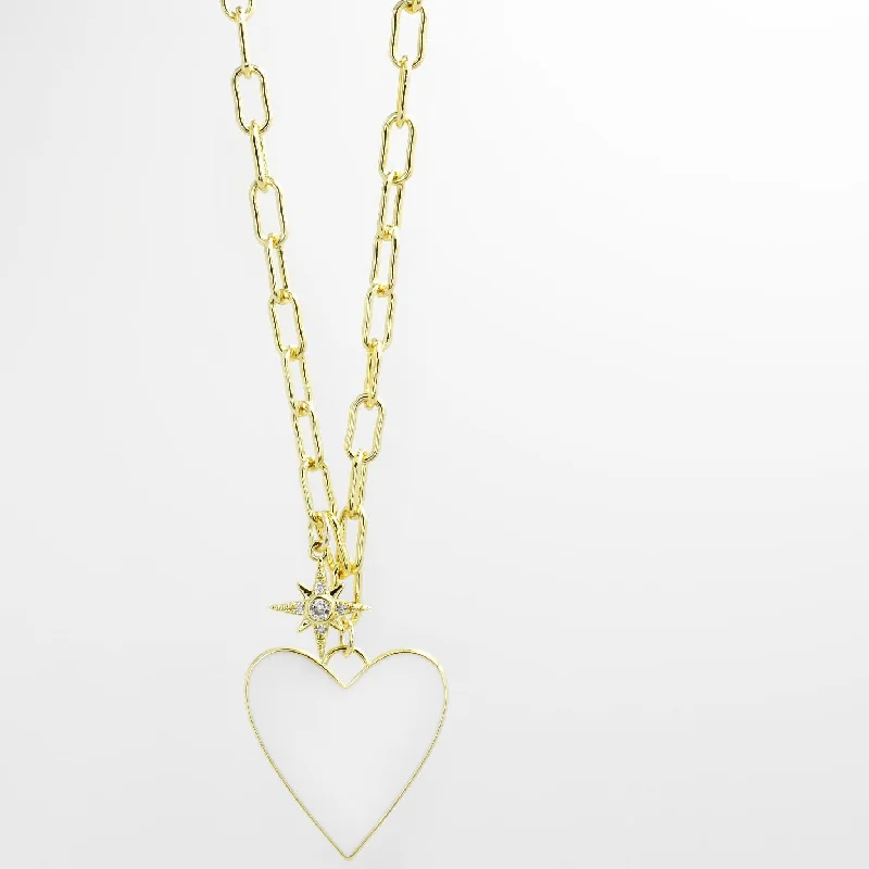 Bridal Necklace with Diamonds-Enamel Heart/Star Necklace White I-59