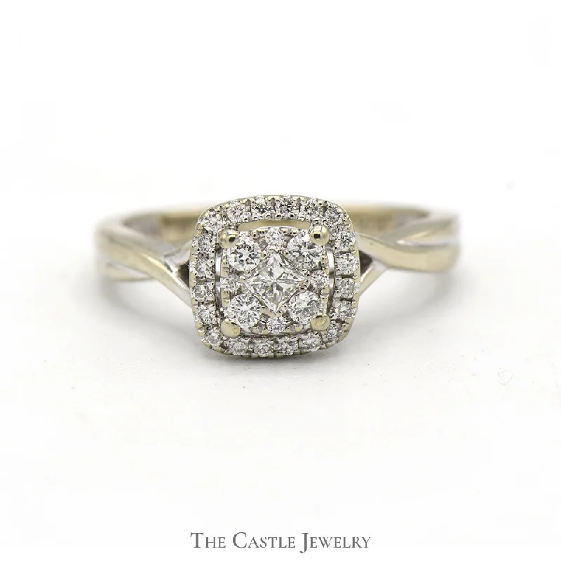 Custom Birthstone Ring-1/2cttw Diamond Cluster Engagement Ring with Diamond Halo in 10k White Gold with Twisted Sides