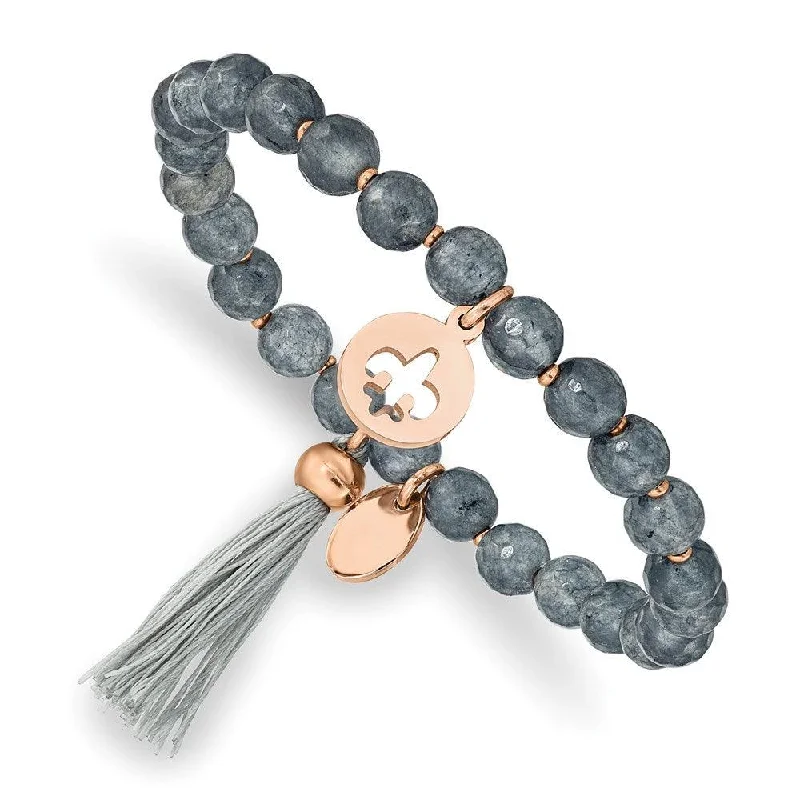 Dainty Diamond Bracelet for Women-Stainless Steel Polished Rose IP Fleur de Lis Grey Agate Stretch Bracelet