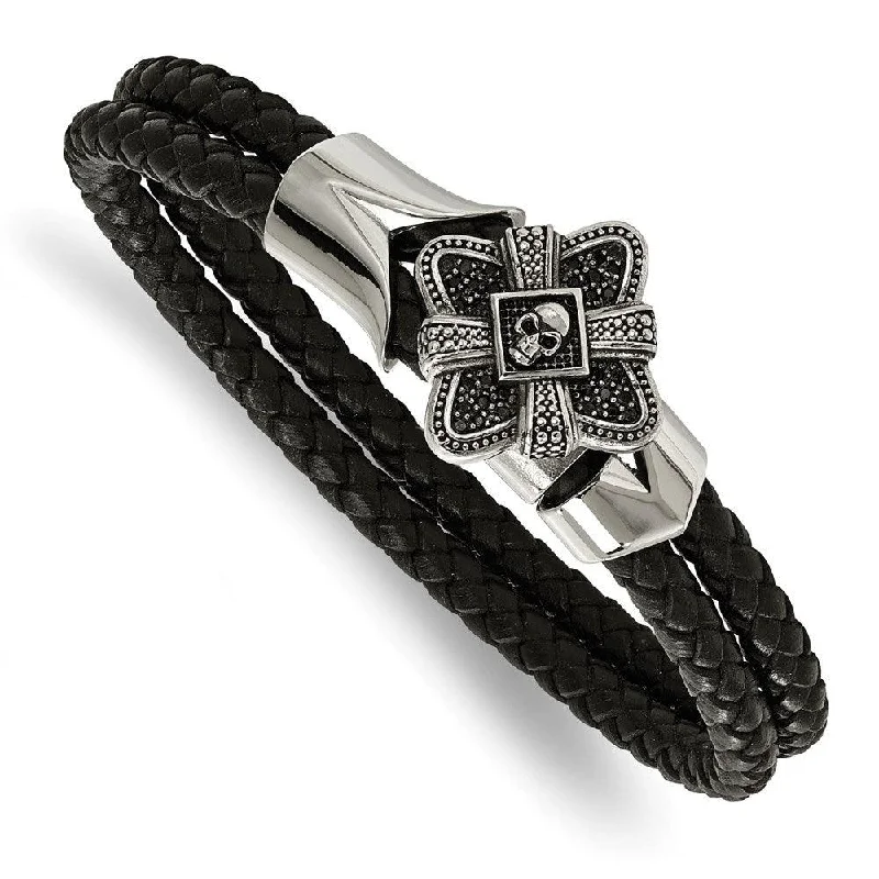 Fashionable Gemstone Bracelet-Stainless Steel Polished and Antiqued Leather Bracelet