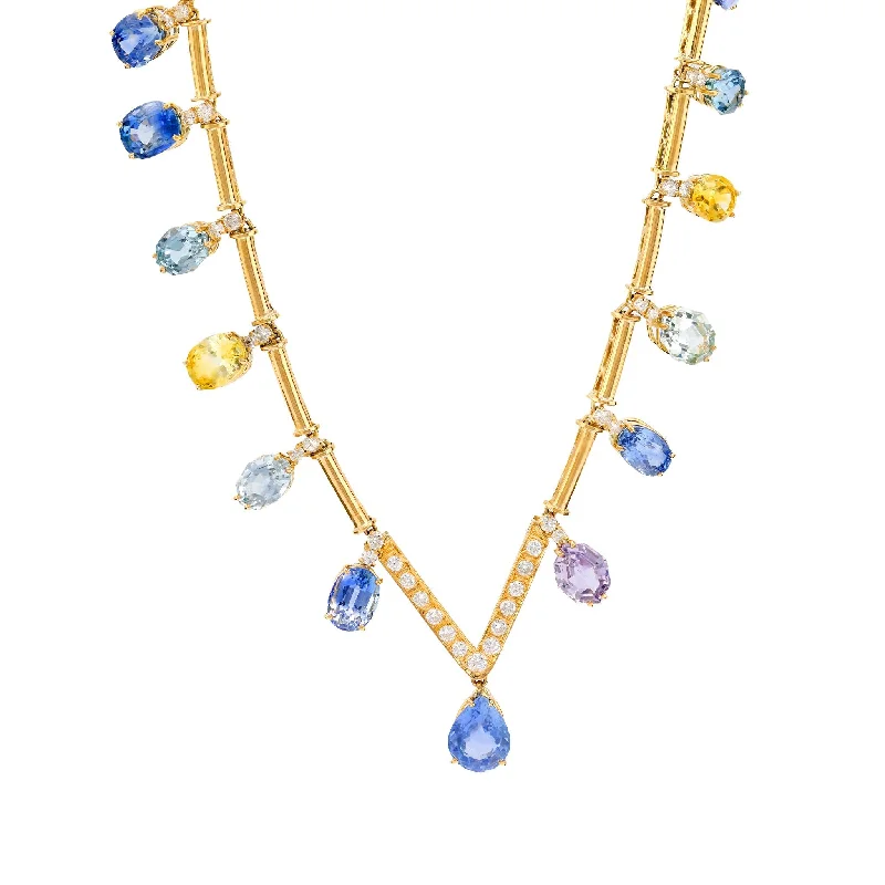 Double Chain Necklace-Exceptional GIA 58.56 carat sapphire diamond 18k yellow gold necklace