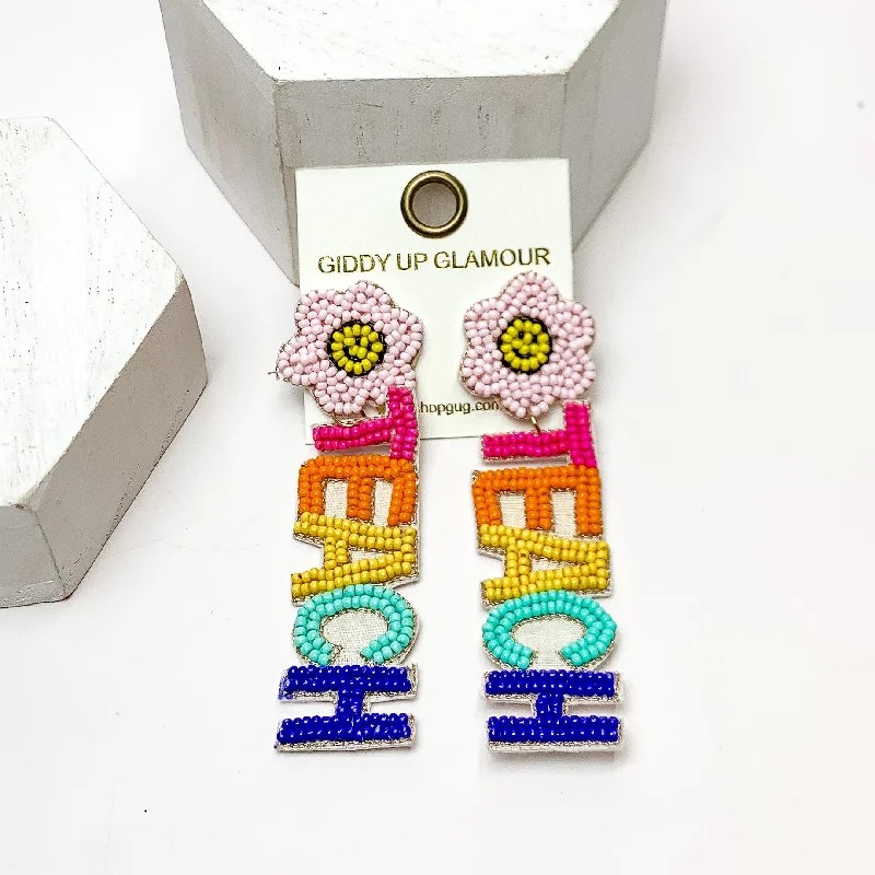 Stylish Dangle Earrings-Multicolor "TEACH" Beaded Earrings With Flower Posts