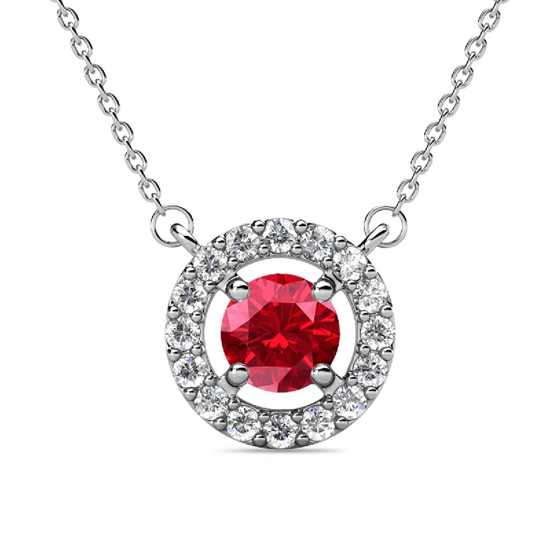 Classic Necklace with Diamonds-Royal 18k White Gold Plated July Birthstone Halo Necklace with Round Cut Ruby Red Swarovski Crystals