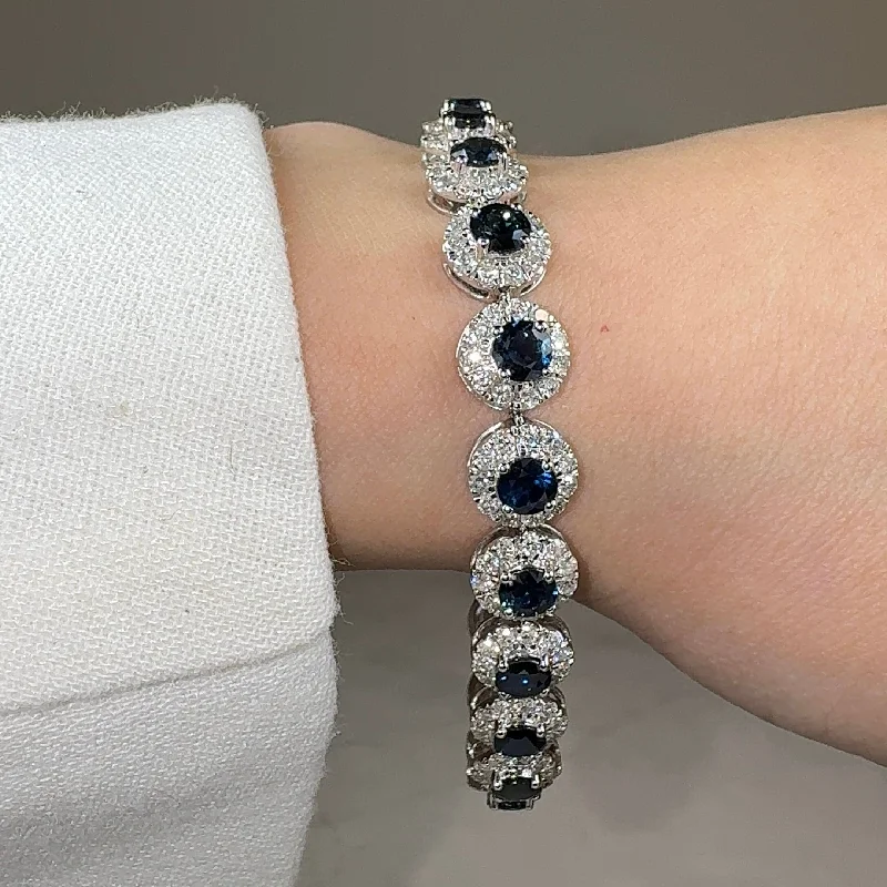 Men’s Beaded Bracelet-Round Brilliant Shape 8.5 Carat Sapphire Center Featuring Diamond Halo Bracelet BRHARBS