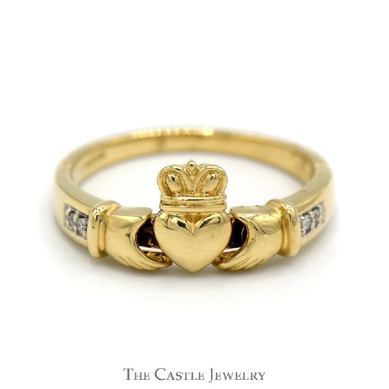 Women's Diamond Wedding Ring-Diamond Accented Claddagh Wedding Band in 14k Yellow Gold