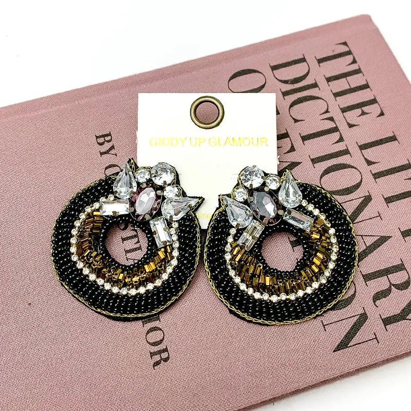 Elegant Jewelry Earrings-Circle Beaded Post Earrings with Jeweled Detailing in Black