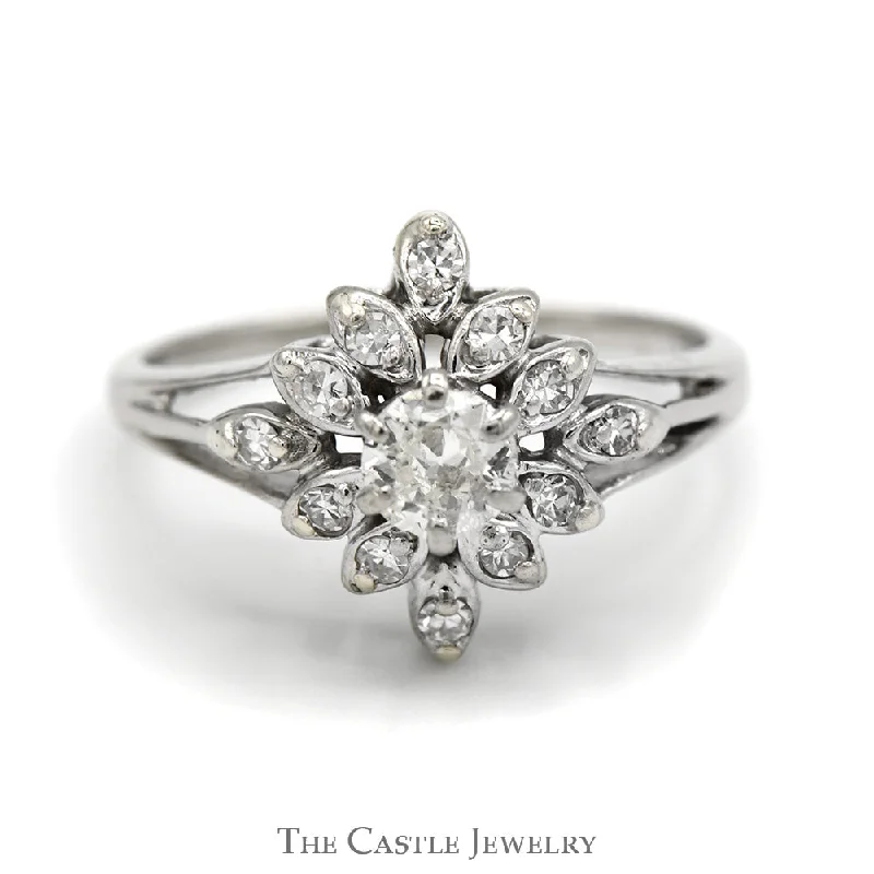 Platinum Engagement Ring-1/2cttw Diamond Flower Cluster Ring in 14k White Gold Split Shank Setting