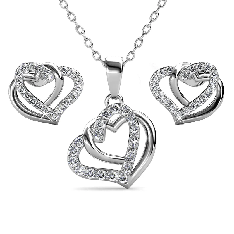 Unique Crystal Necklace-Angela 18k White Gold Plated Silver Necklace and Earring Set, Double Heart Jewelry Set with Swarovski Crystals