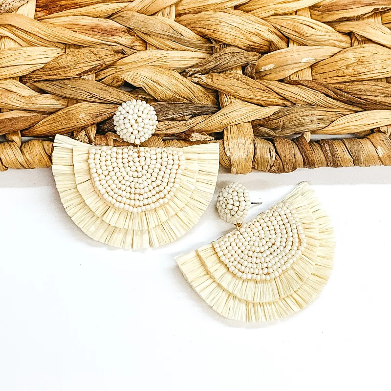 Ethnic Earrings for Women-Sunkissed Half Circle Beaded Earrings with Raffia Fringe in Ivory