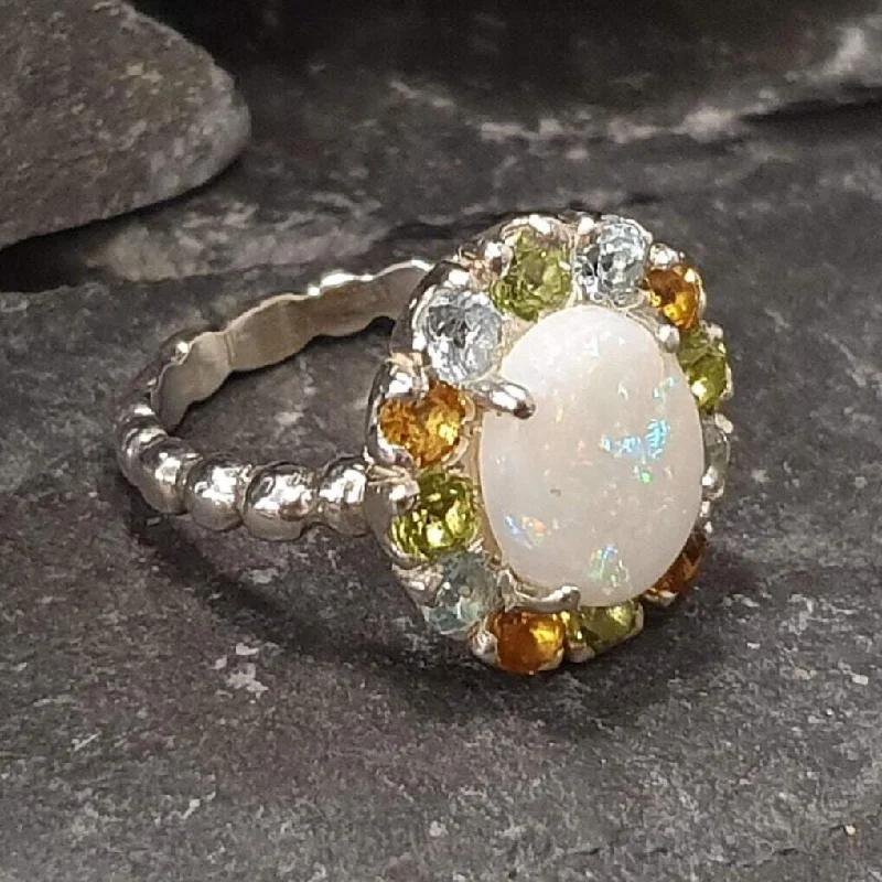 Classic Platinum Wedding Ring-Australian Opal Ring - White Flower Ring - Multistone Cocktail Ring