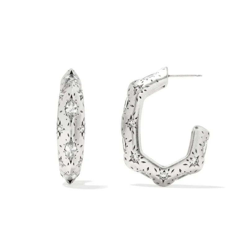 Funky Earrings for Teens-Kendra Scott | Holland Hoop Earrings in Vintage Silver White Crystal