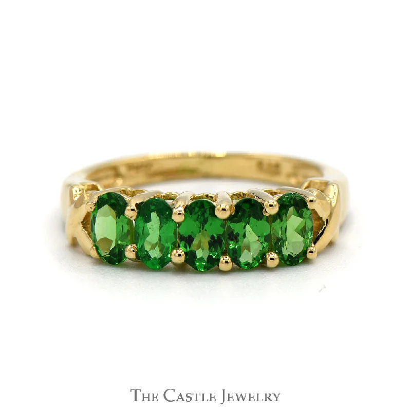 Trendy Stackable Rings-5 Oval Cut Tsavorite Garnet Band in 14k Yellow Gold "X" Design