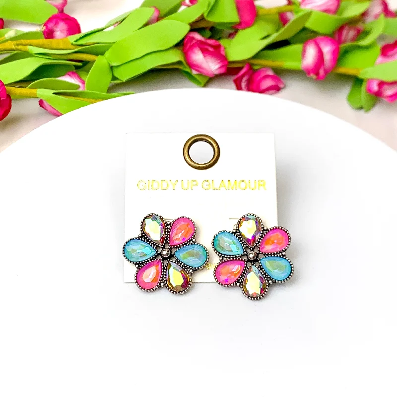 Dangle Earrings with Gems-Petal Perfection Silver Tone Flower Stud Earrings in Pink and Turquoise