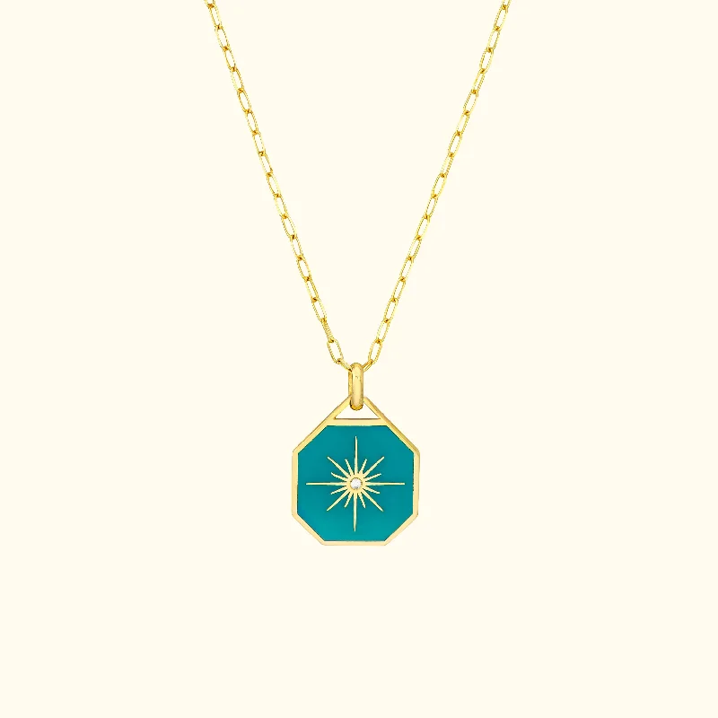 Wedding Necklace with Pearls-Teal Enamel Star Octagon Medallion Necklace