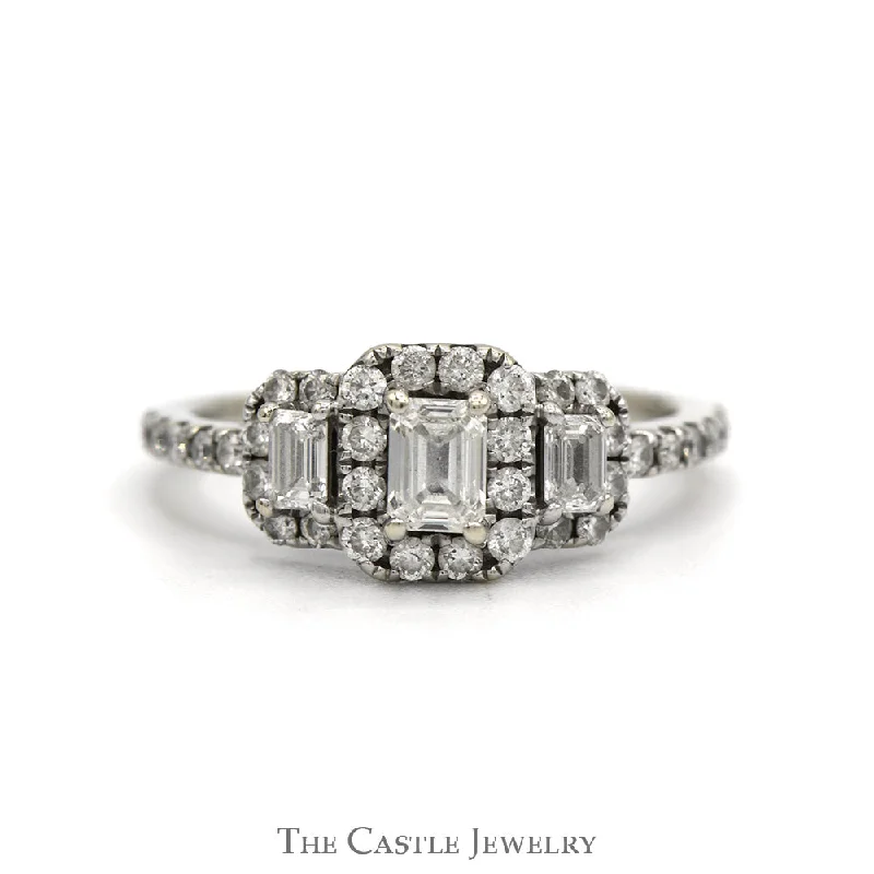 Diamond Engagement Ring-1cttw Three Stone Style Emerald Cut Diamond Ring with Diamond Halo in 14k White Gold Cathedral Mounting