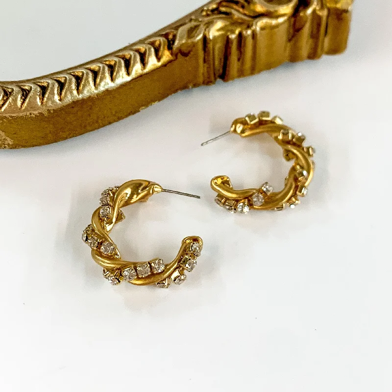 Gold Earrings for Teens-Gold Tone Twisted Hoop Earrings with Clear Crystals