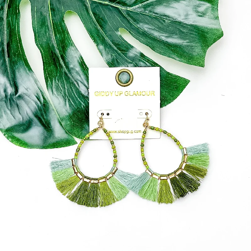 Casual Earrings for Women-Beaded Open Teardrop Earrings With Fringe Bottom in Green Tones