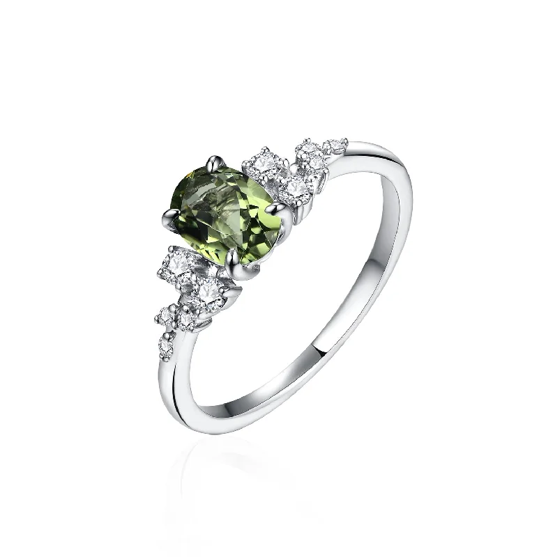 Silver Engagement Ring Set-Green Sapphire Diamond Ring