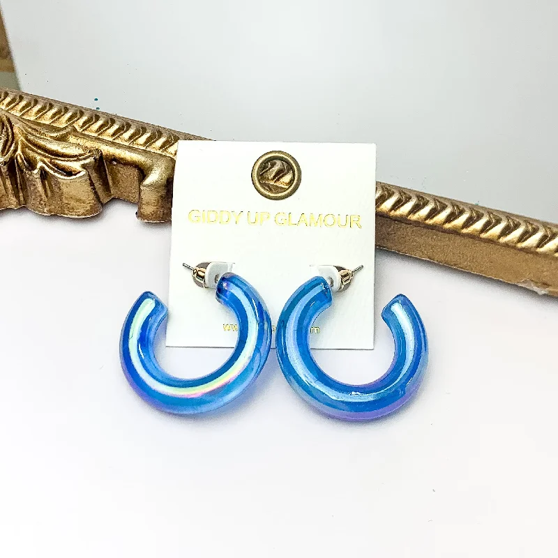 Personalized Name Earrings-Rainbow Hour Iridescent Chunky Hoop Earrings in Blue