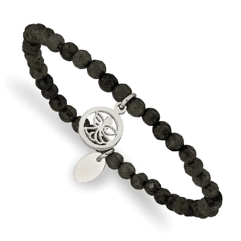 Unique Men’s Bracelet-Stainless Steel Polished Angel Black Jade Beaded Stretch Bracelet