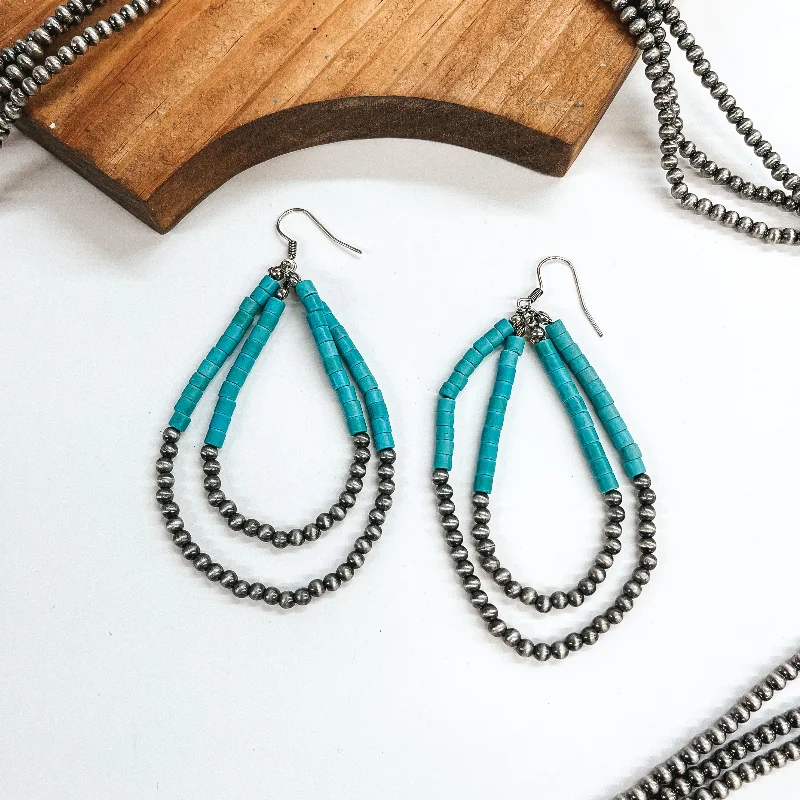 Pearl and Diamond Earrings-Singing Along Layered Faux Navajo Beaded Teardrop Earrings in Turquoise and Silver Tone