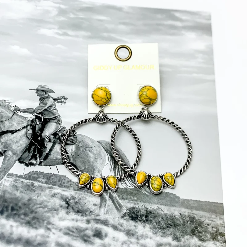 Fashion Earrings for Women-Western Moment Silver Tone Hoop Earrings With Stones in Yellow