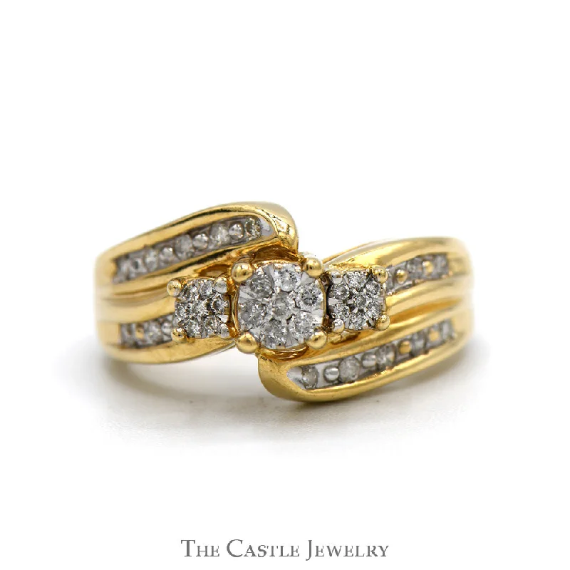 Luxury Diamond Ring-1/3cttw Triple Diamond Cluster Ring with Accented sides in 10k Yellow Gold